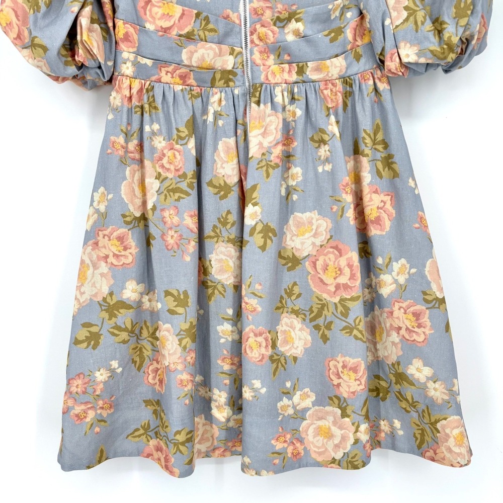 Yumi Kim Gayle Dress Sz XS Blue Pink Linen Blend Floral Puff Sleeve V Neck Midi - Picture 12 of 16